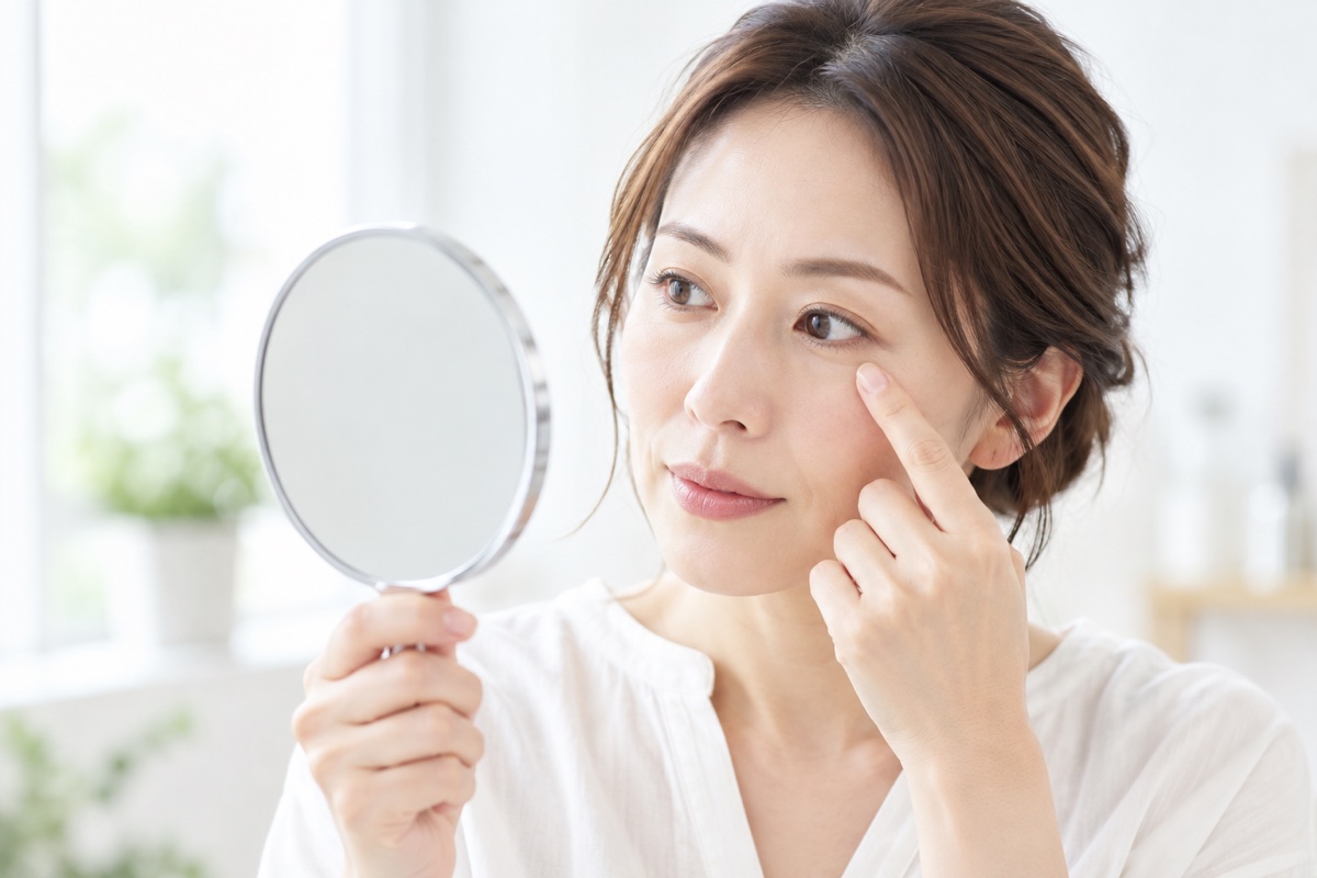 手鏡で目の下の小じわや肌の質感を確かめる女性