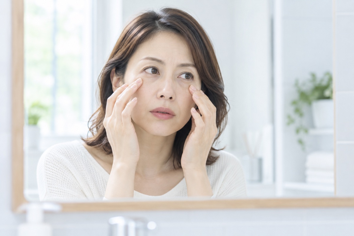 目の下のたるみを指で押さえて鏡で確かめる女性